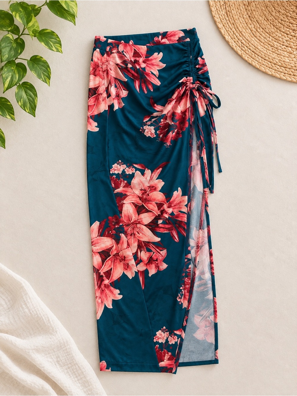 SHEIN Teal Floral Side-Tie Swim Sarong